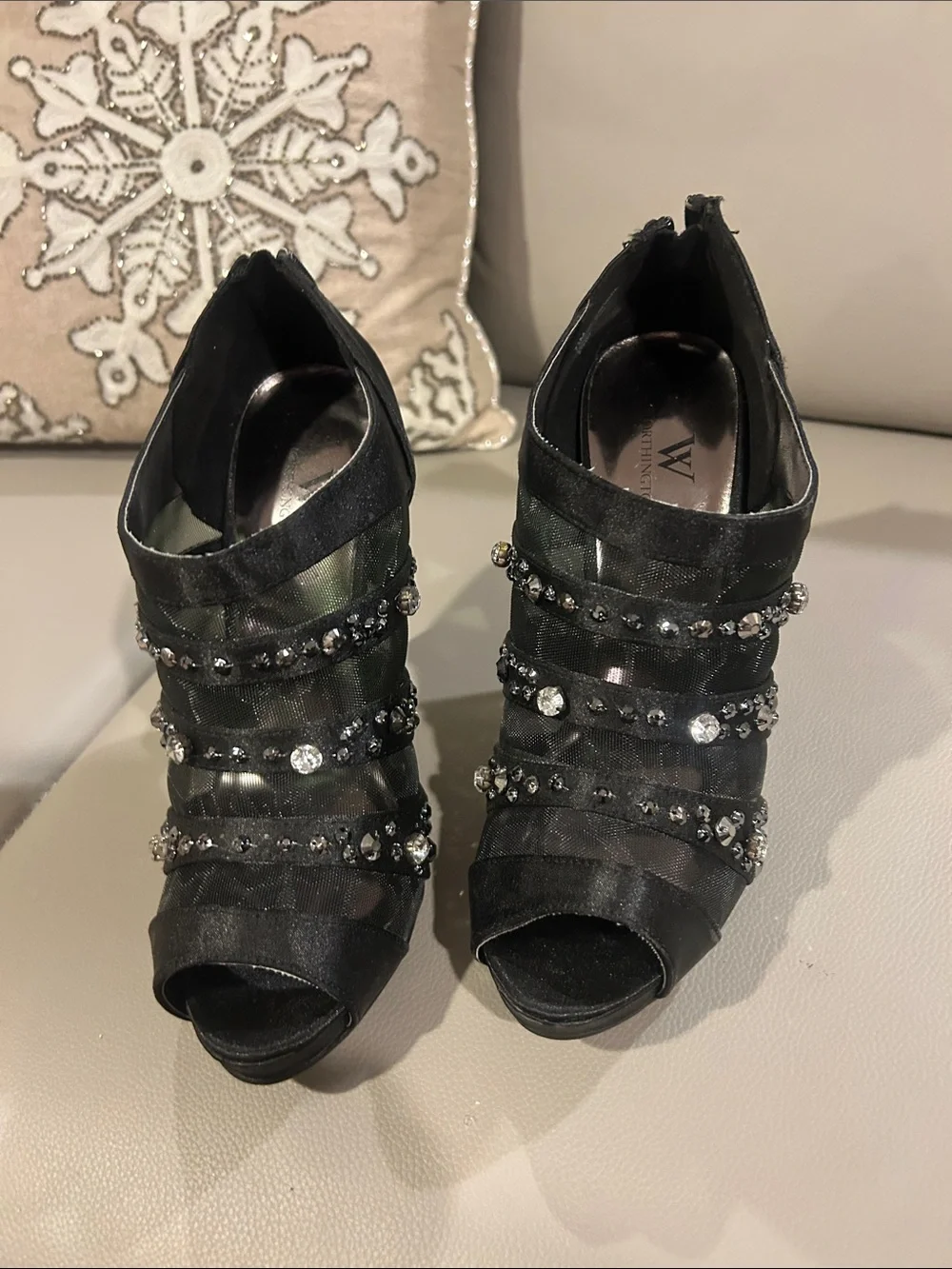 Elegant Black Jeweled Peep-Toe Heels - Women Shoes